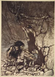 Mime som skriker "Ohe! Ohe! Oh! Oh!", illustration från "Rhinegold och valkyrian", 1910.